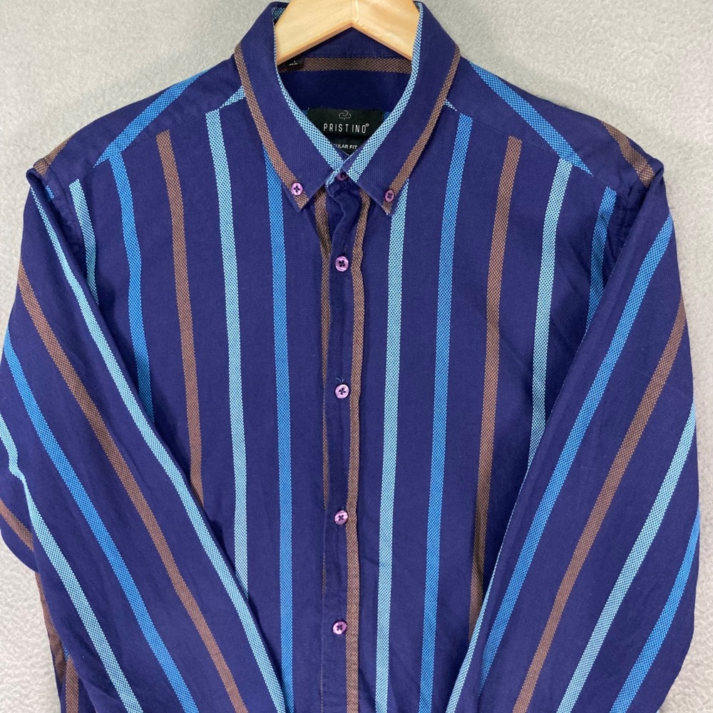 PRISTINO Mens Regular Fit Long Sleeve Button Down Shirt Size‎ L Blue Stripe - Picture 8 of 11